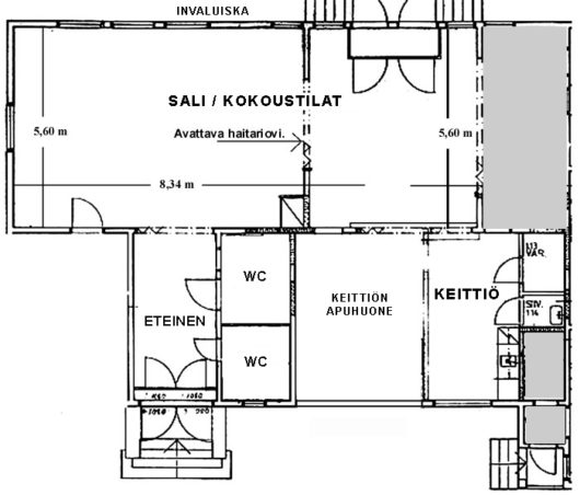 Rauhanaseman keskikerrokseen kuuluu juhlasali, keittiö, eteinen ja wc-tilat.