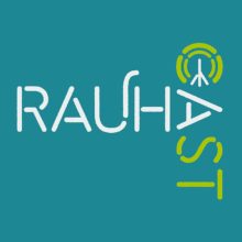 Rauhacast-podcastin logo turkoosilla pohjalla.