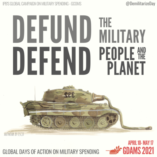 Teksti: Defund the military, defend people and planet. Kuvassa tankki, josta osa on sulanut.