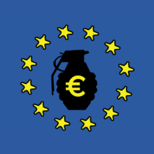 EU:n loppu, jossa keskellä musta kranaatti ja euron symboli.