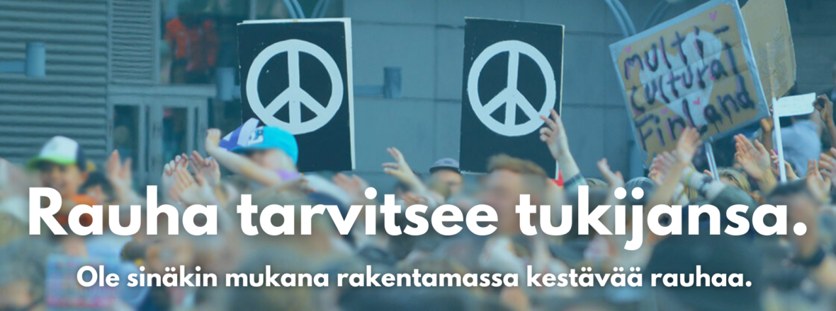 Roisoinen kuva, jossa etualalla valkoinen rauhanmerkki, sen takana mustaa piikkilankaa ja taustalla Ukrainan lipun värit